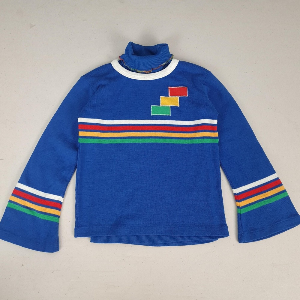 Vintage Healthtex Sweater Girls 6X Blue Rainbow Stripe Turtleneck Knit 70s 80s